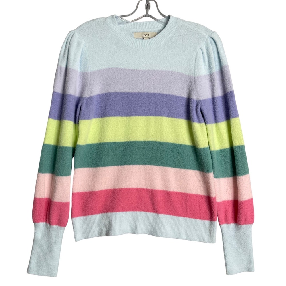 Loft Sweater Womens M Pastel Rainbow‎ Striped Puff Sleeve Plush Soft Cozy Preppy